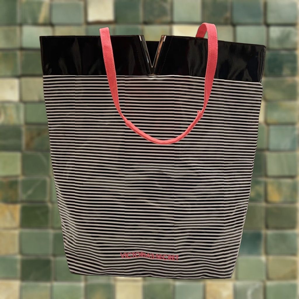 Victorias Secret Victoria's Secret Multicolor Striped Canvas Tote Bag Large Pink Shoulder Strap, Women's