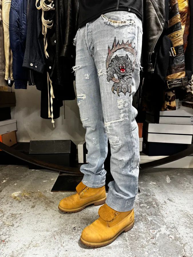 Just Cavalli SS2007 Cavalli Blue Distressed Tiger Denim Jeans Size US 32 / EU 48 - 2 Thumbnail