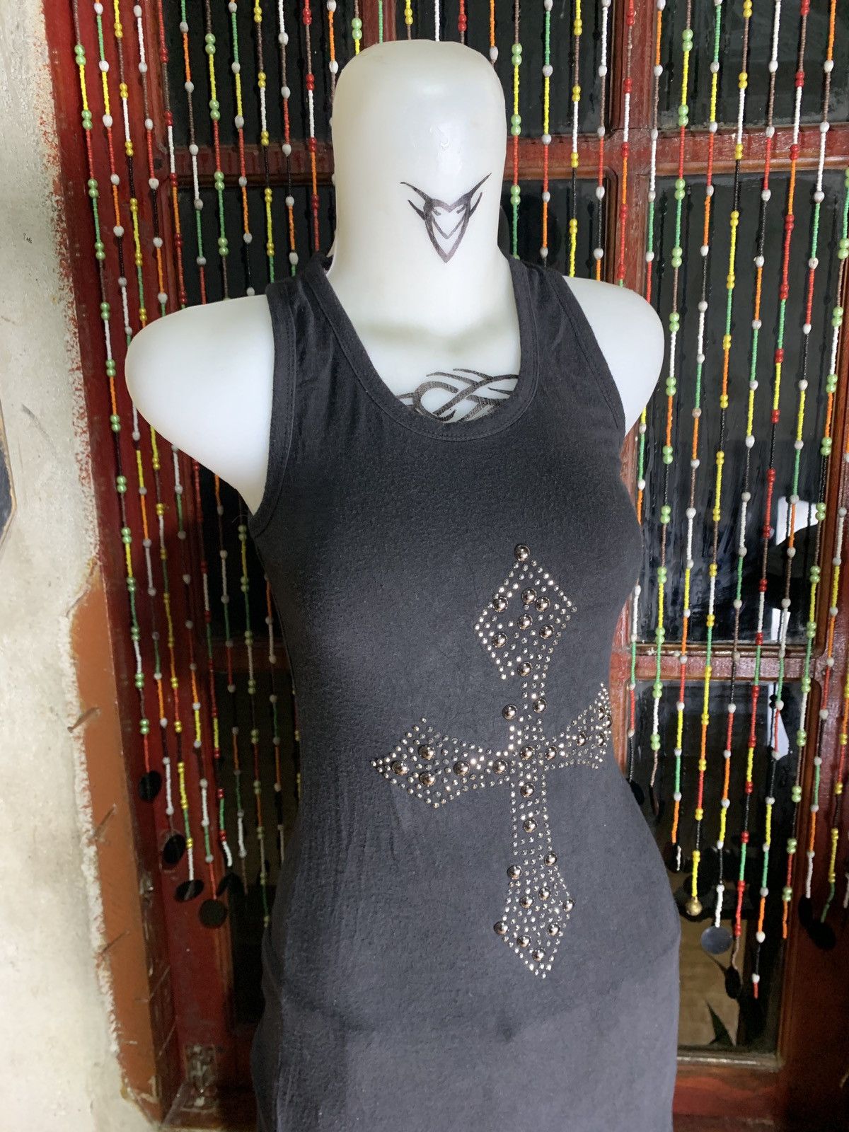 Japanese Brand y2k Unknown Black Studded Pearl Cross Fitted Maxi Tank Dress Size S / US 4 / IT 40 - 3 Thumbnail
