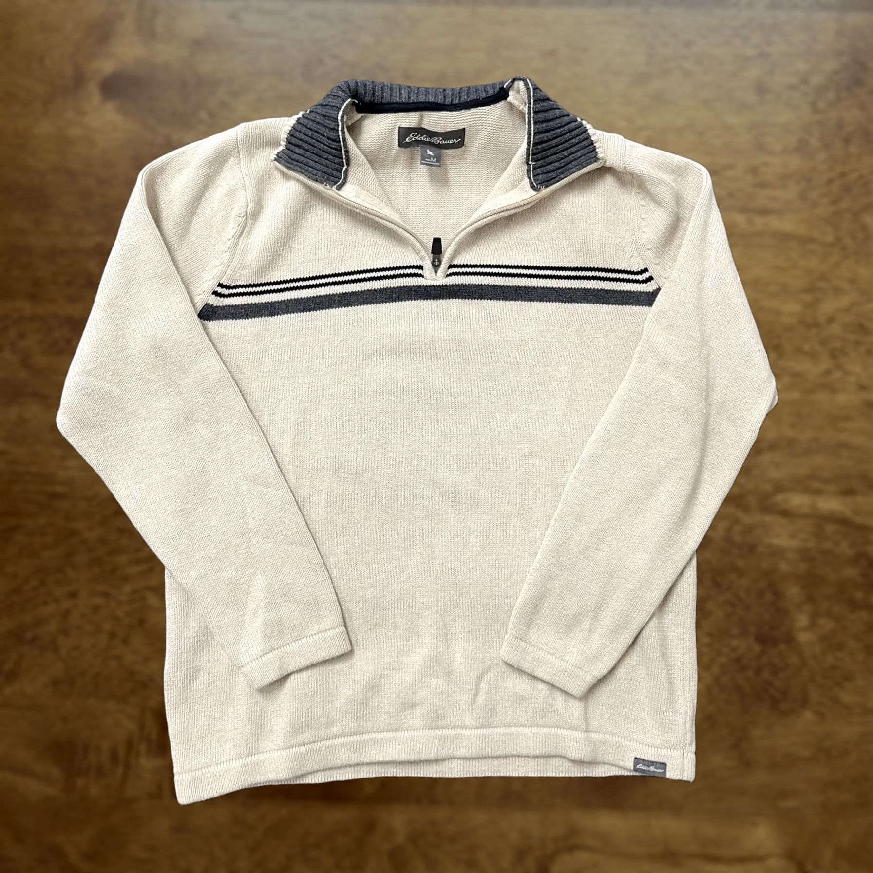Eddie Bauer Eddie Bauer Sweater Mens M Beige 1/4 Zip Mock Neck Striped Knit Pullover Size US M / EU 48-50 / 2 - 1 Thumbnail