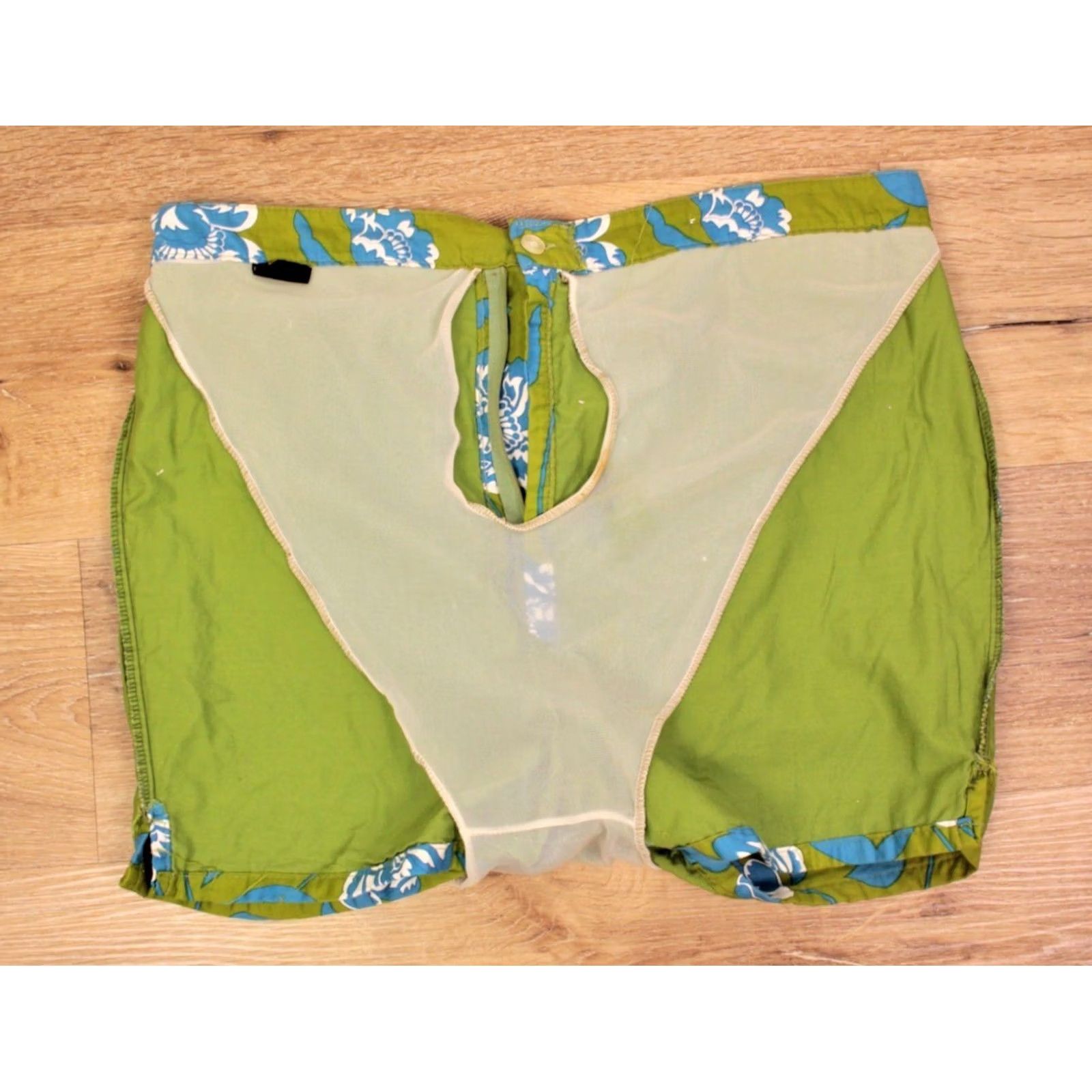 Vintage Mens VTG 1960s Green & Blue Flora Pattern Swimming Trunks Sz L 60s Cotton Shorts Size US 36 / EU 52 - 3 Thumbnail