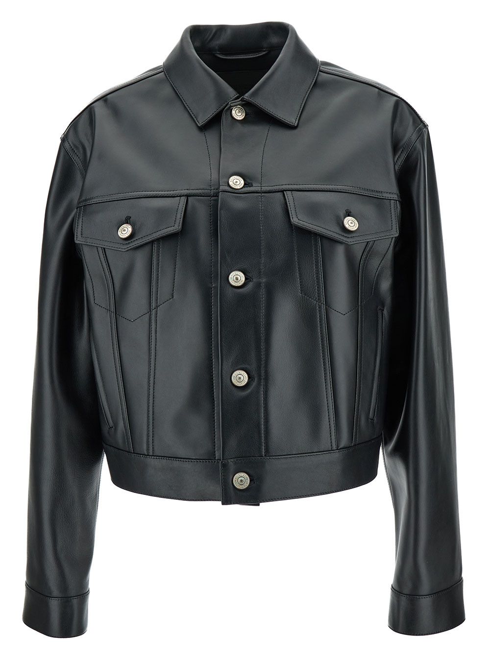 Balenciaga Black Cropped Jacket with SIlver-Tone Branded Buttons in Super Smooth Leather Woman Size M / US 6-8 / IT 42-44 - 1 Thumbnail