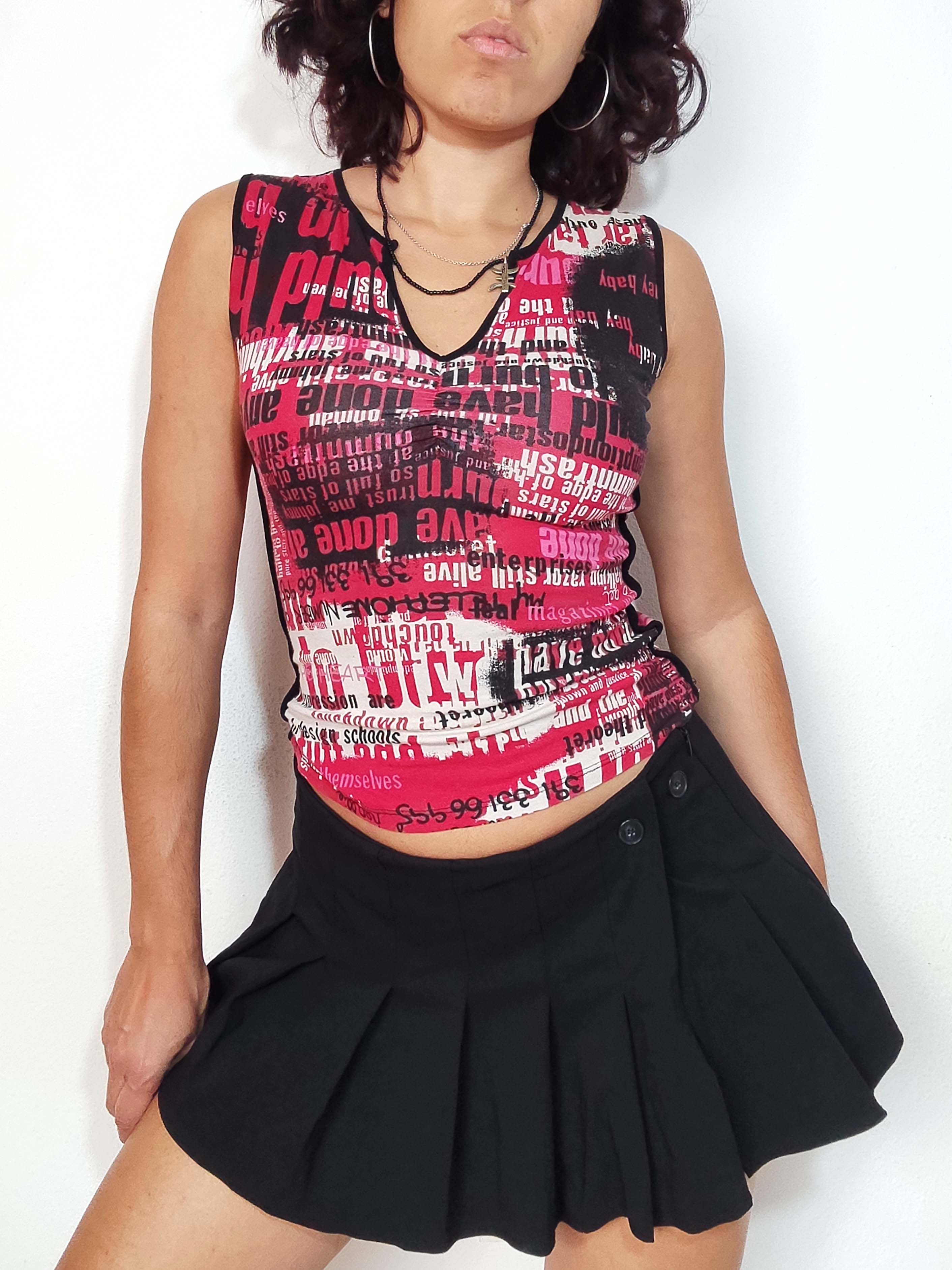 Vintage Vintage Y2k Newspaper Print Top with Split Neck Size S / US 4 / IT 40 - 1 Thumbnail