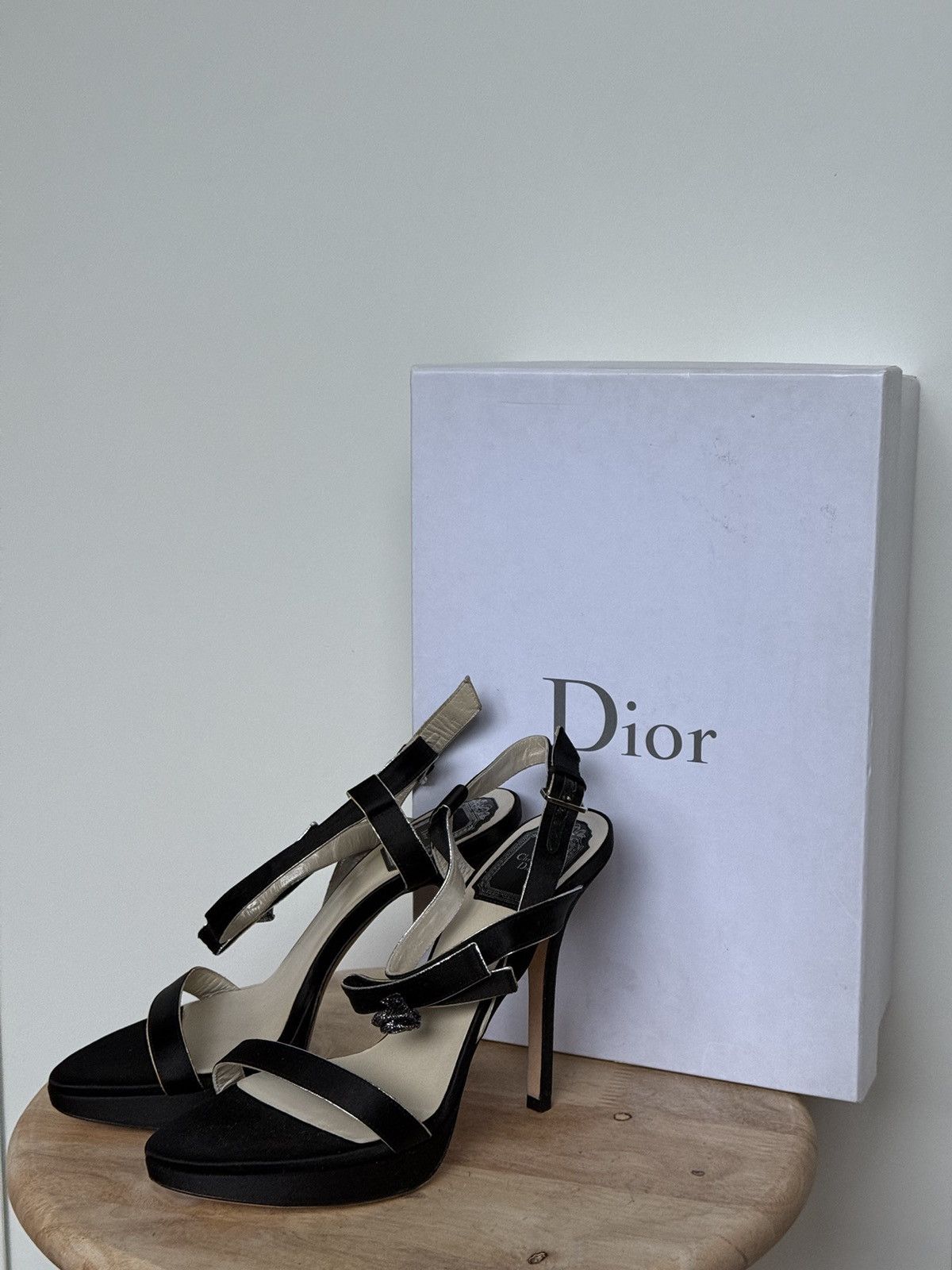 Designer × Dior × Vintage Christian Dior Satin Black Elegant Sandals Ankle Straps Rose Size US 5.5 / IT 35.5 - 1 Thumbnail