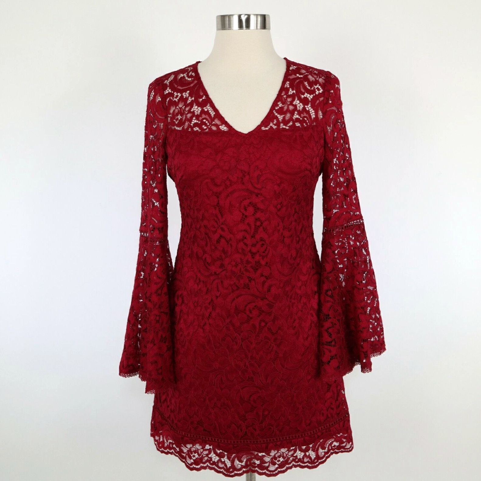 image of White House Black Market Lace Dress 0P Petite New Shift Bell Sleeve Burgundy Red, Women's (Size XS)