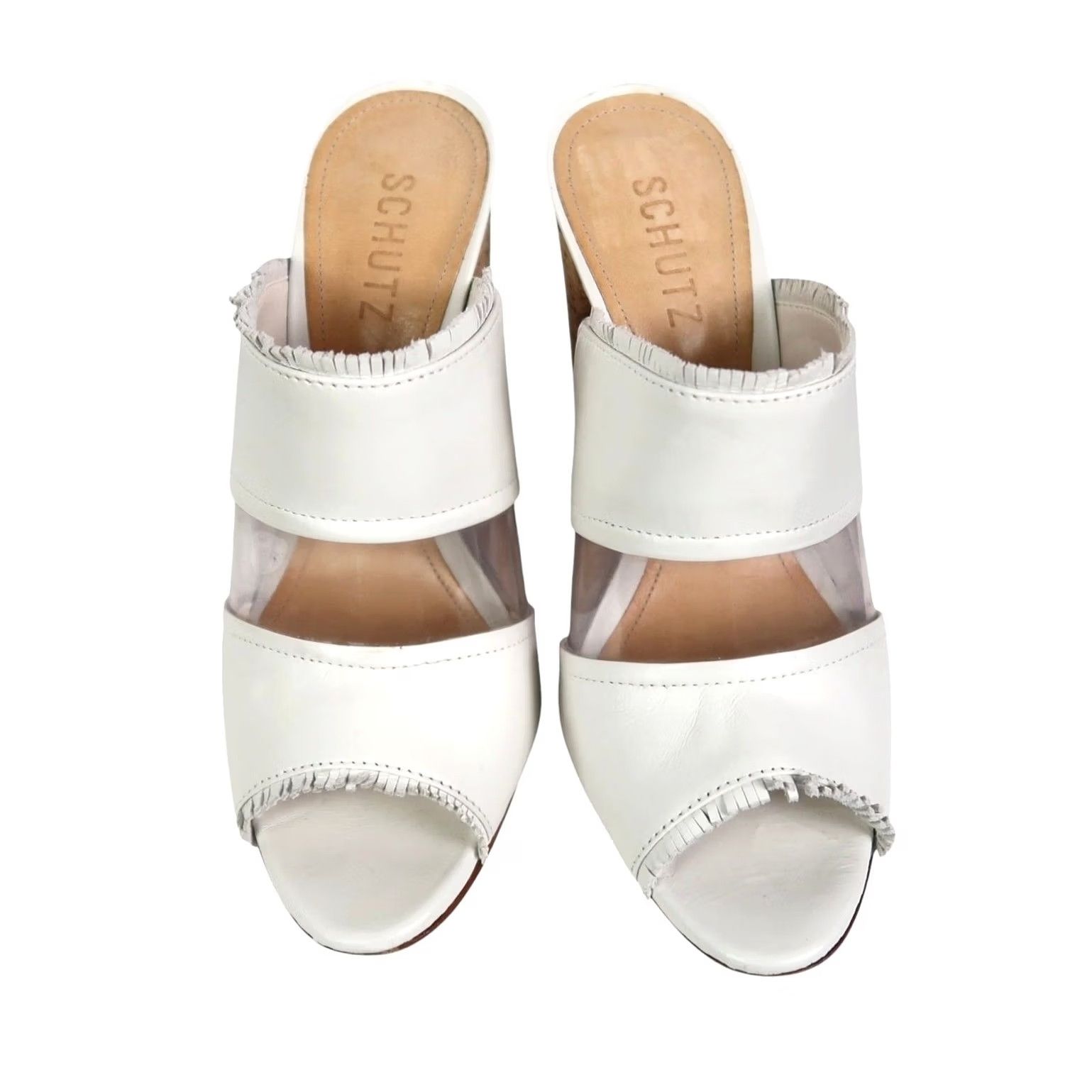 SCHUTZ Schutz White Leather Mule Slip-On Heels Sandals Peep Toe Cork 7.5 Womens Size US 8 / IT 38 - 3 Thumbnail