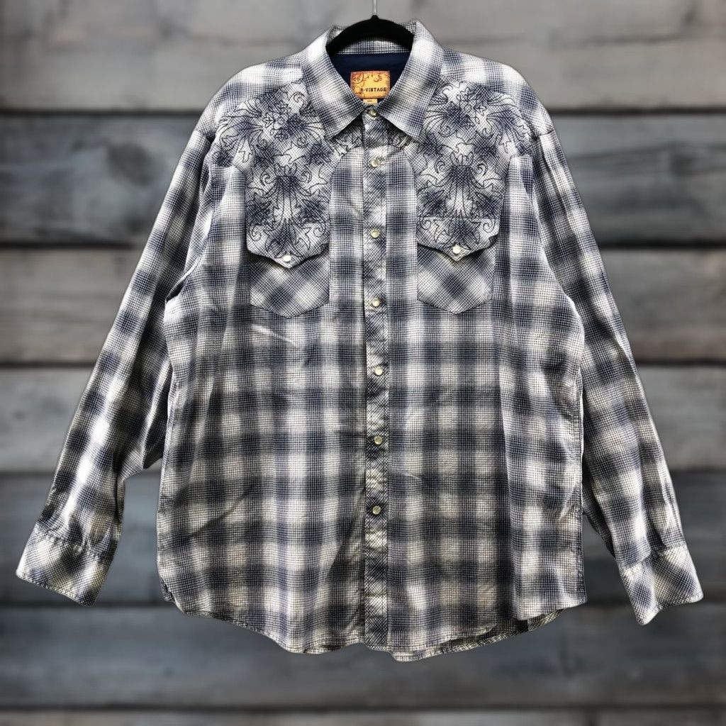 Vintage R-Vintage Mens Western Snap Button Embroidered Shirt XXL Blue Plaid Cowboy Button-Up Chest Pockets Casual Size US XXL / EU 58 / 5 - 1 Thumbnail