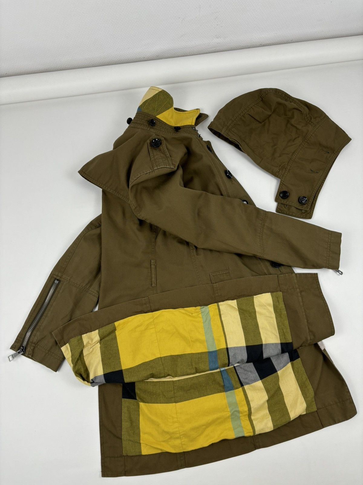 Burberry × Burberry Prorsum × Designer BRIT Nova Check Khaki Coat Hooded Trench Zip Jacket Bomber USA 4 UK 6 Size S / US 4 / IT 40 - 4 Thumbnail