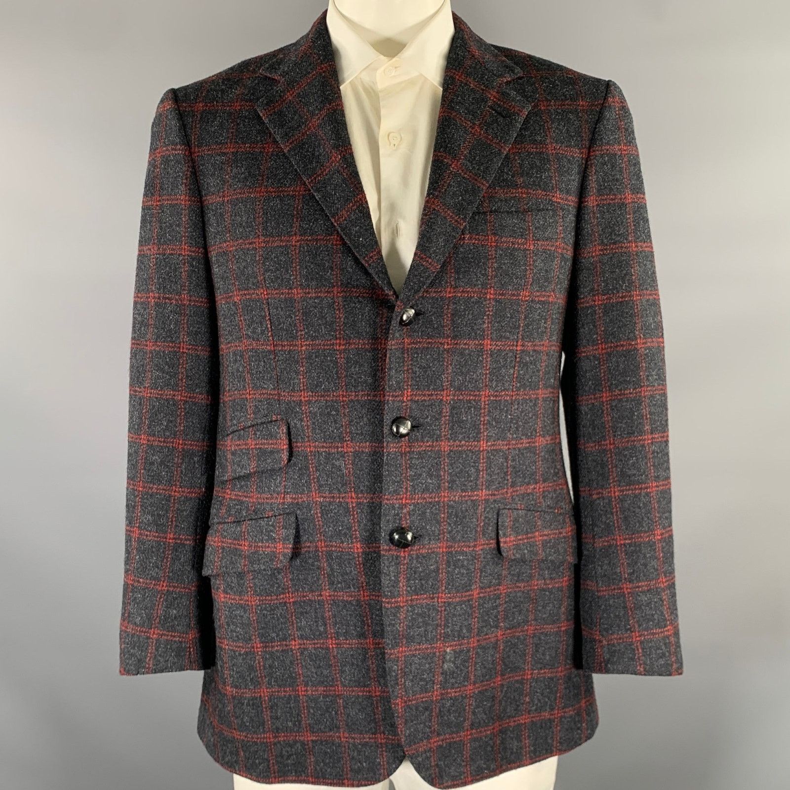 Brioni BRIONI Regular Grey Red Window Pane Wool Sport Coat Size 40R - 1 Thumbnail