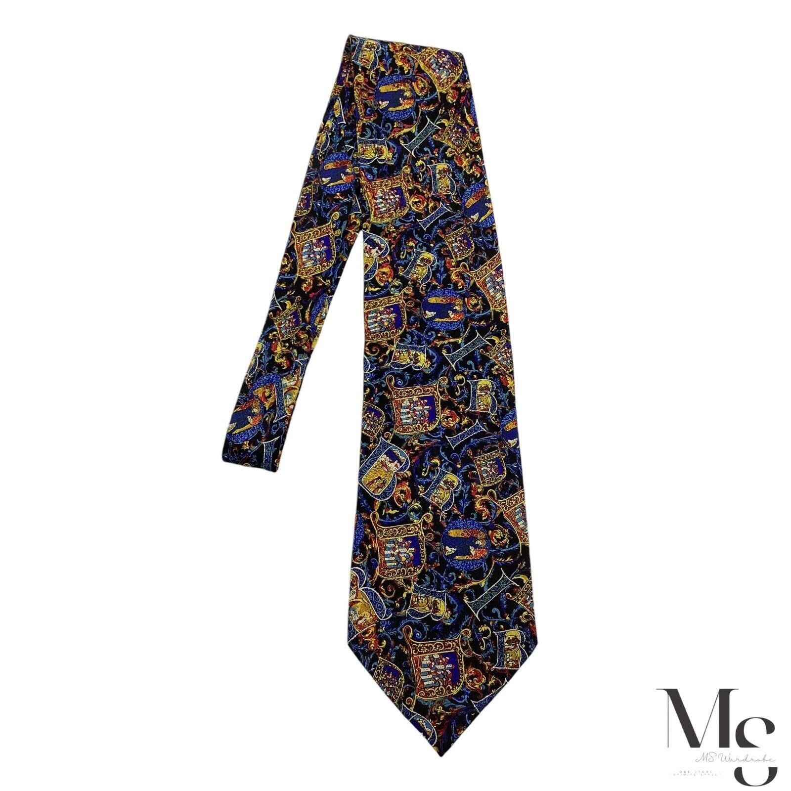 BRIONI Blue Medieval Monogrammed Print Silk Tie Made In Ital