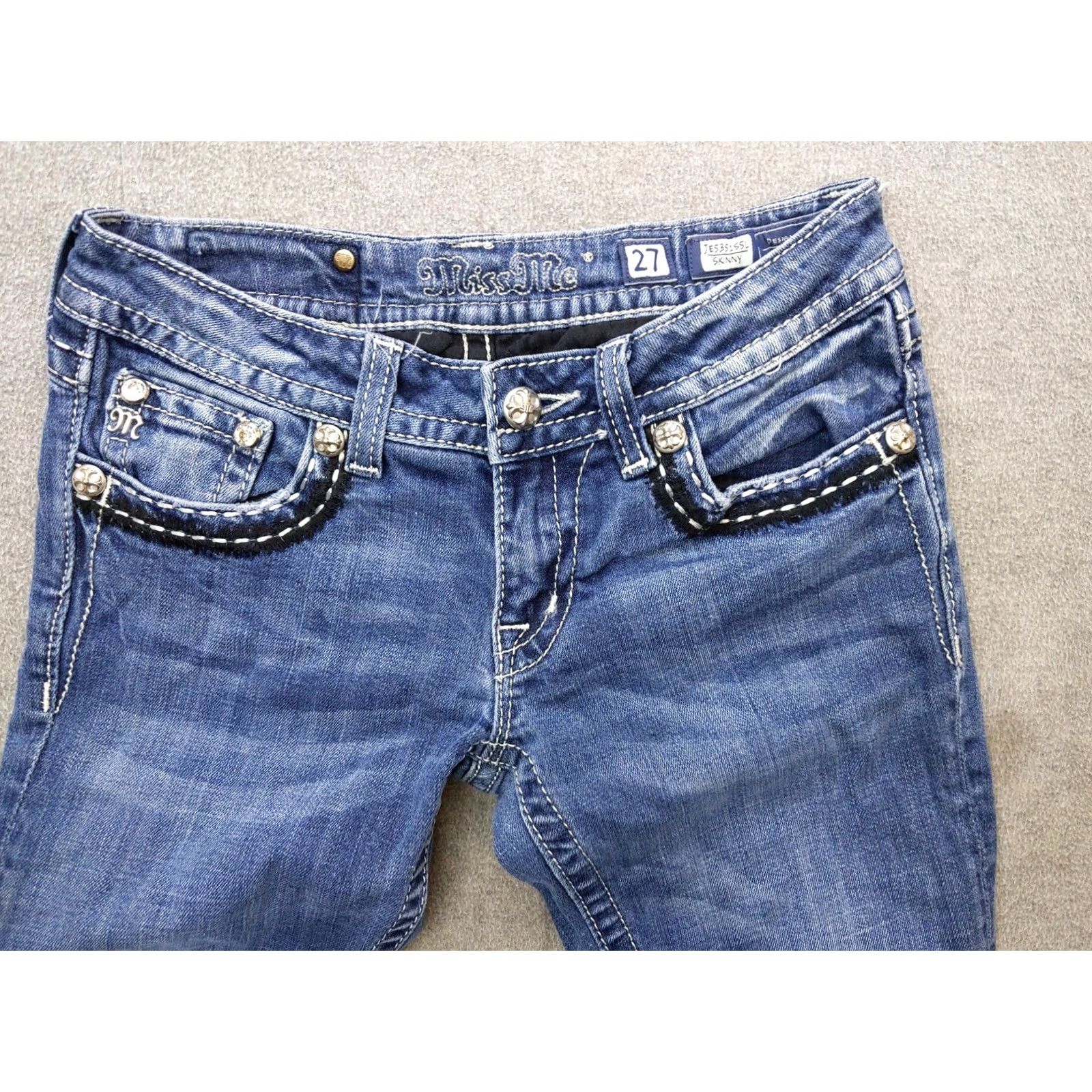 Miss Me Miss Me Jeans Womens 27x33 Blue Skinny Low Rise Distressed Rhinestone Embroidered Pocket Slim Stretch Denim Jeans Size 27" / US 4 / IT 40 - 3 Thumbnail