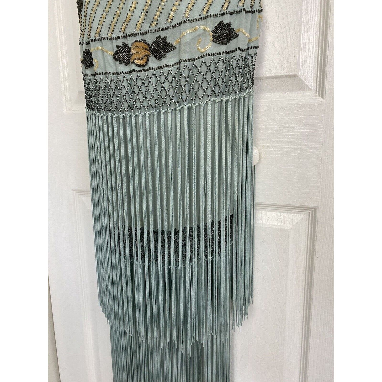 Other Cache Silk Beaded Fringe Floral Sequins Dress 10 Y2K Blue Size L / US 10 / IT 46 - 3 Thumbnail