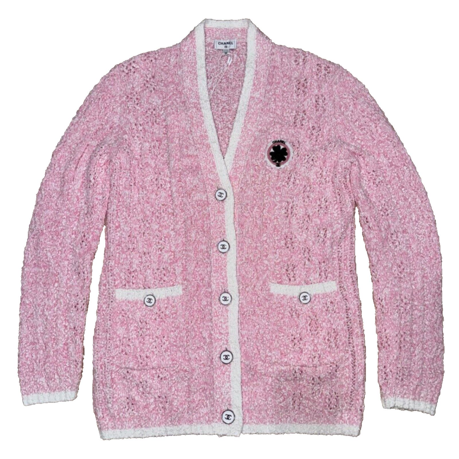 Chanel 24P Pink White Knit Boucle CC Logo Button Long