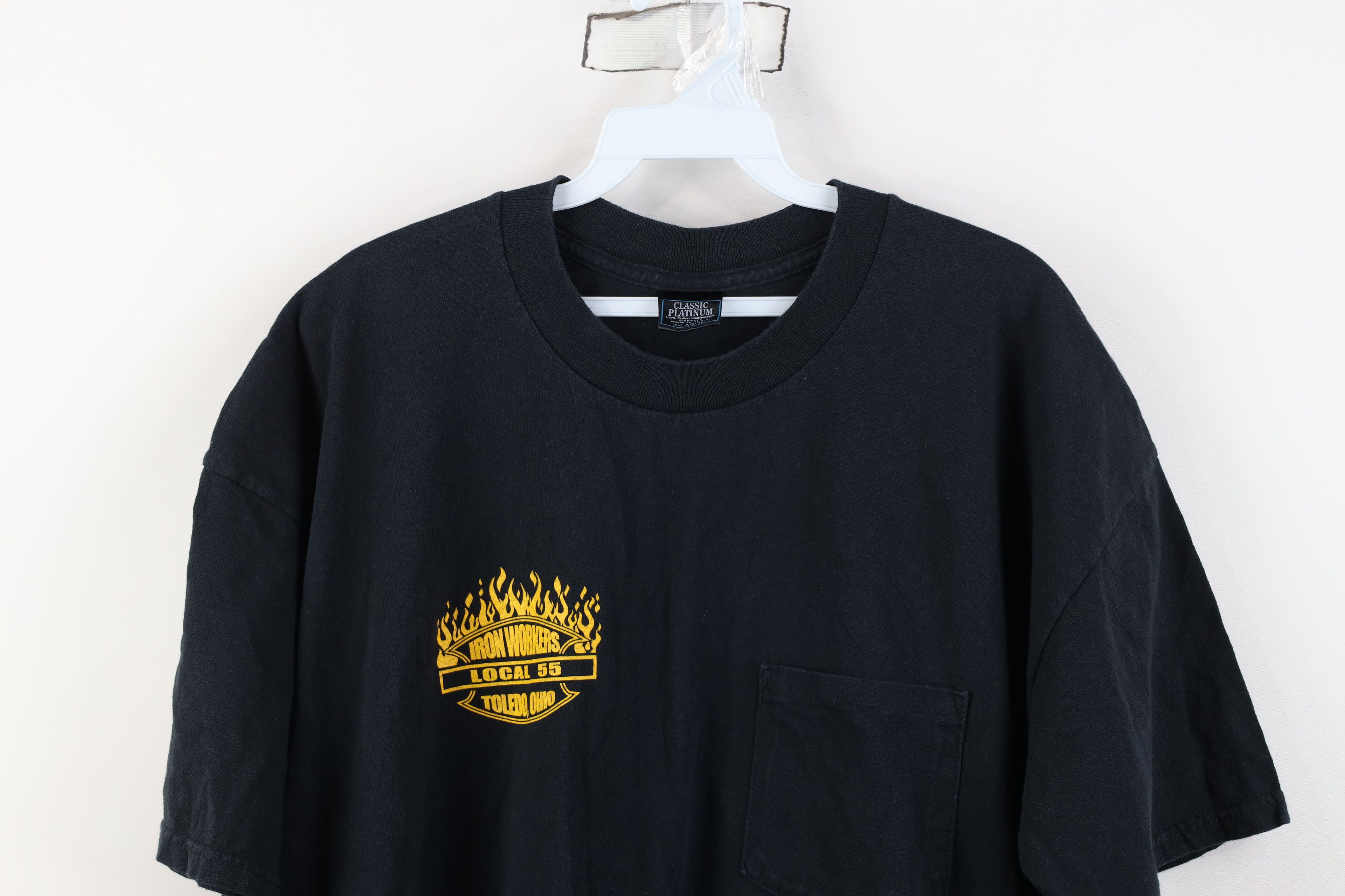 Vintage Vintage 90s Iron Workers Union Fire Flames T-Shirt Black USA Size US XL / EU 56 / 4 - 2 Thumbnail