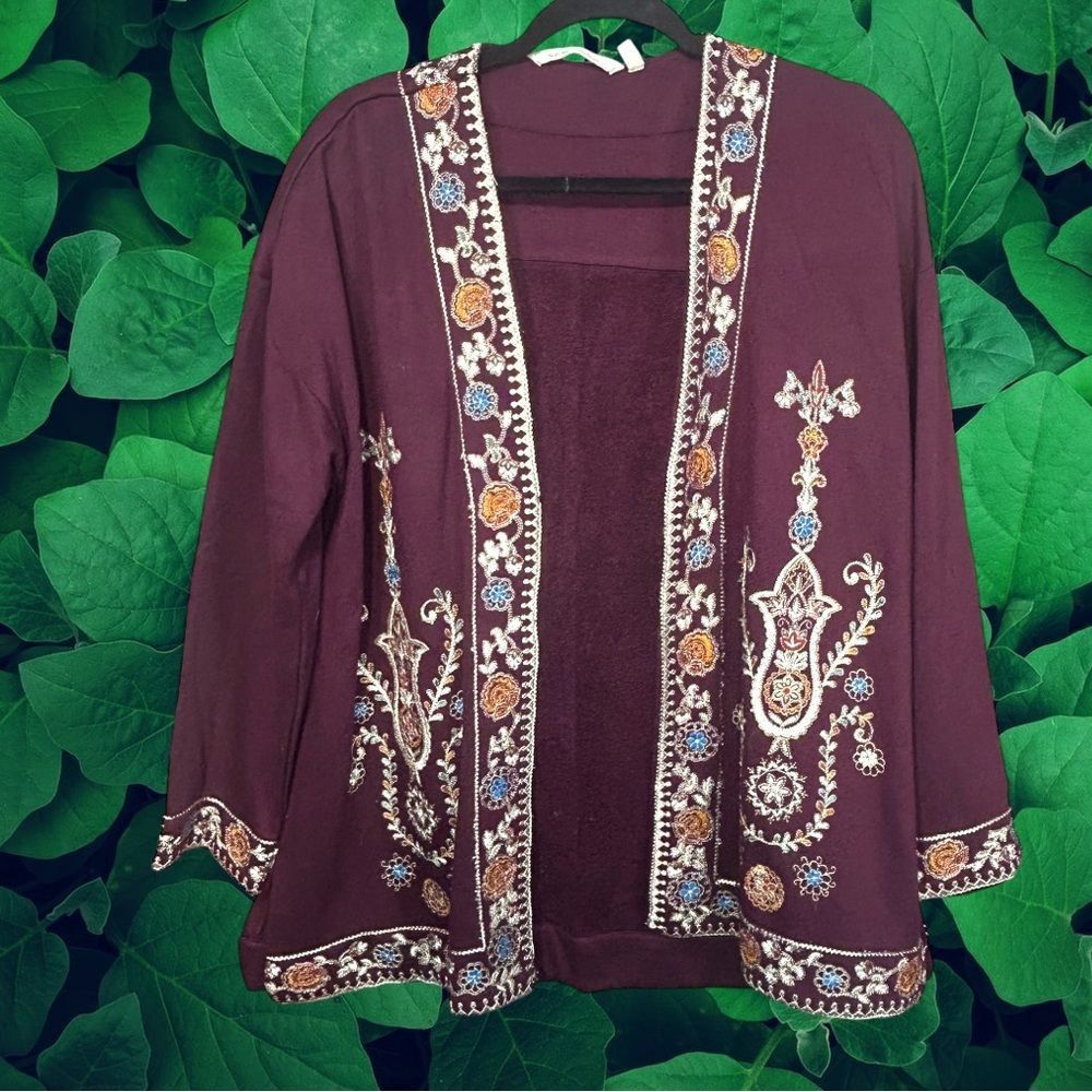 Soft Surroundings Burgundy Purple Embroidered Fleece Lined C