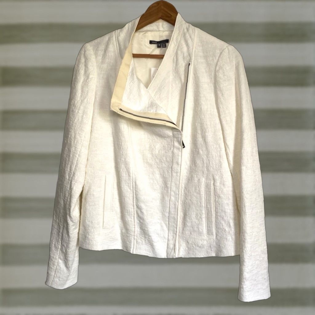 Vince Women's Biker Jacket Sz M Cream NWT Stretch Cotton Frise Asymmetrical Zip Full Zip Pockets