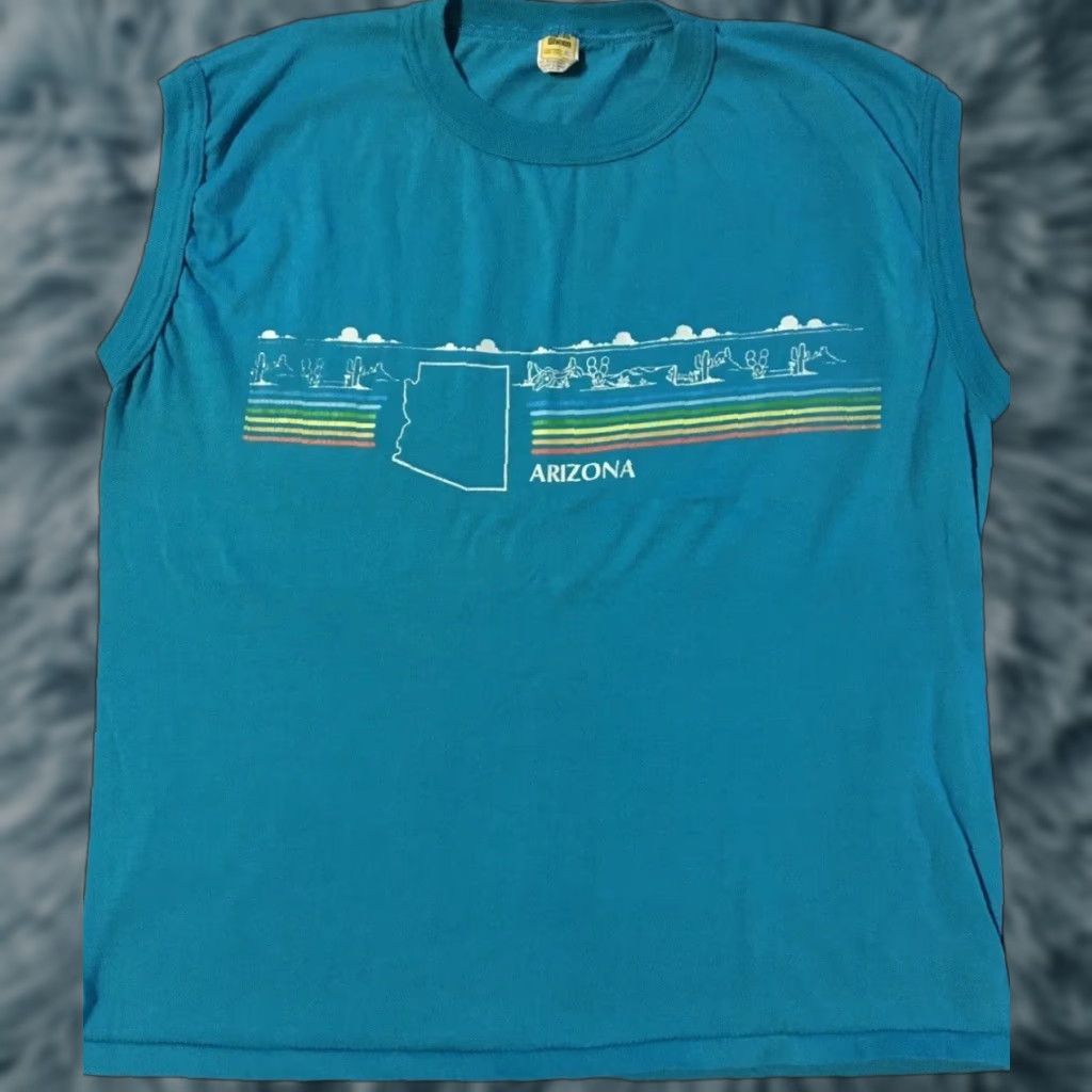Vintage VINTAGE Arizona Nature faded Tank Top S USA Rainbow Grunge Surf Skate Biker 80s Shirt Mens Small Blue Sun Palm Trees Beach Size US S / EU 44-46 / 1 - 1 Thumbnail