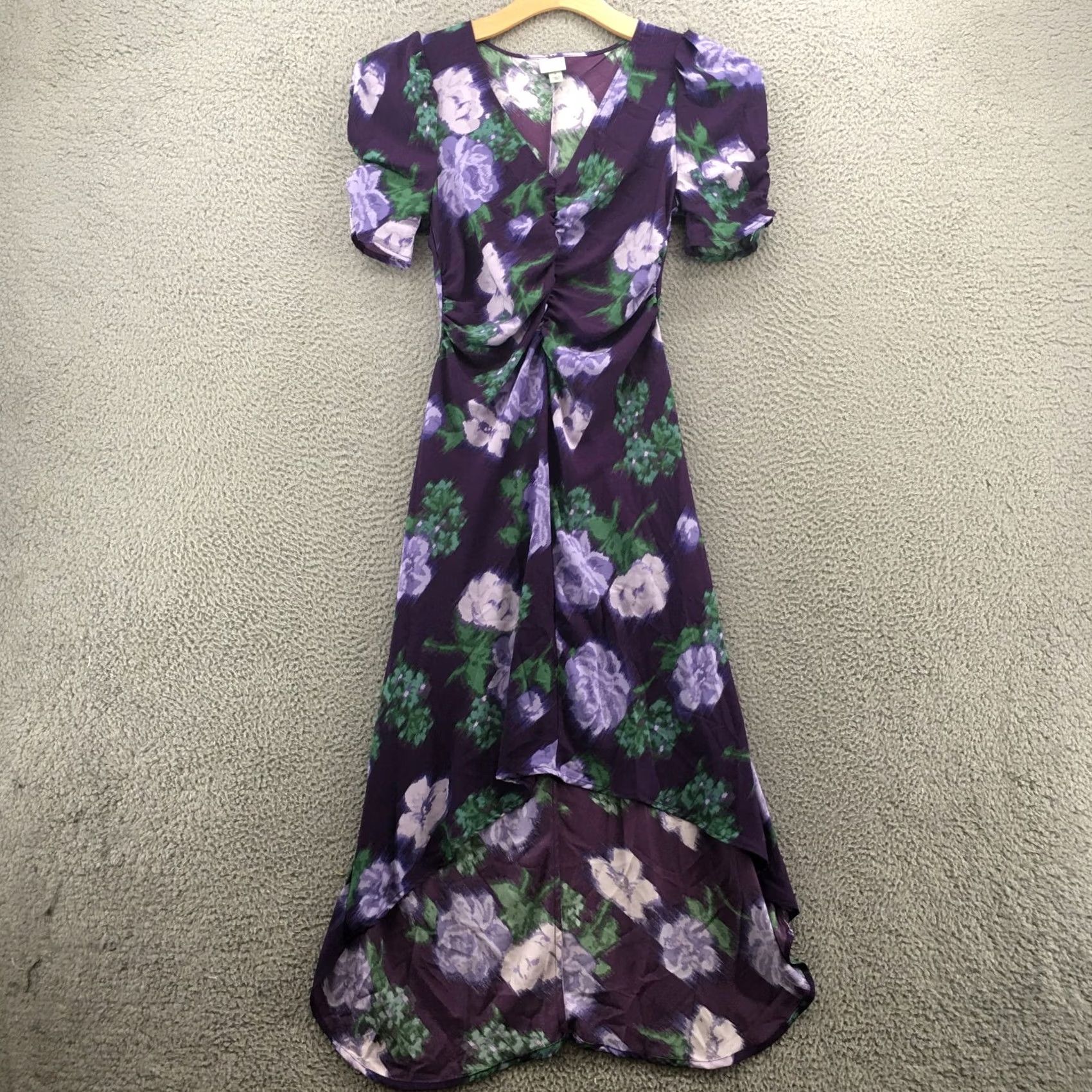 Vintage A New Day Floral Crepe High Low Dress Womens S Purple Short Sleeve Casual V-Neck Size 28" / US 6 / IT 42 - 2 Thumbnail