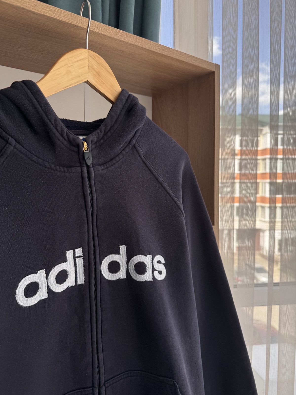 Adidas × Vintage Vintage Adidas Big Logo Navy Zip Hoodie Size US L / EU 52-54 / 3 - 3 Thumbnail