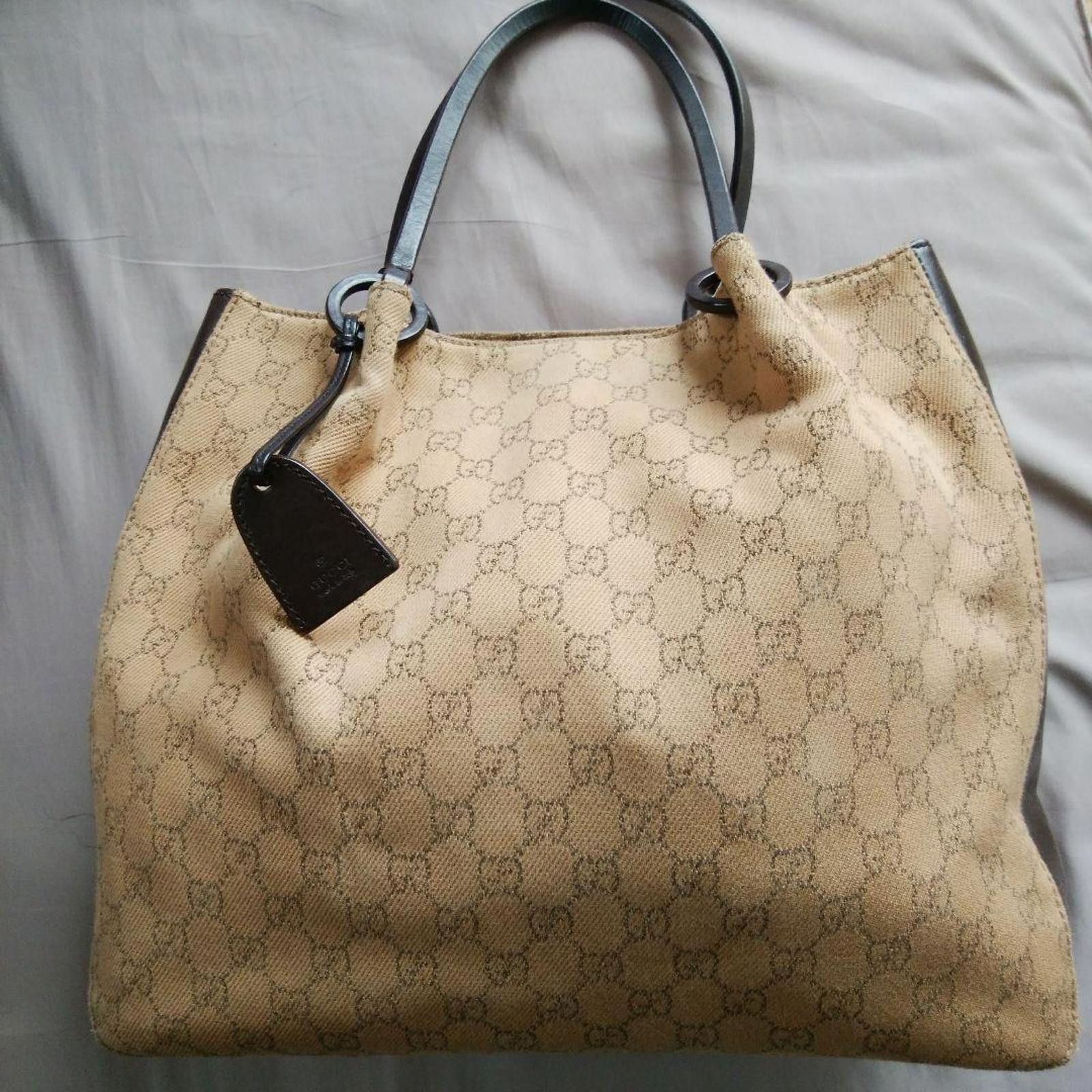 Gucci Gucci - Beige Monogram Canvas Tote Bag with Black Leather Tr Size ONE SIZE - 6 Thumbnail