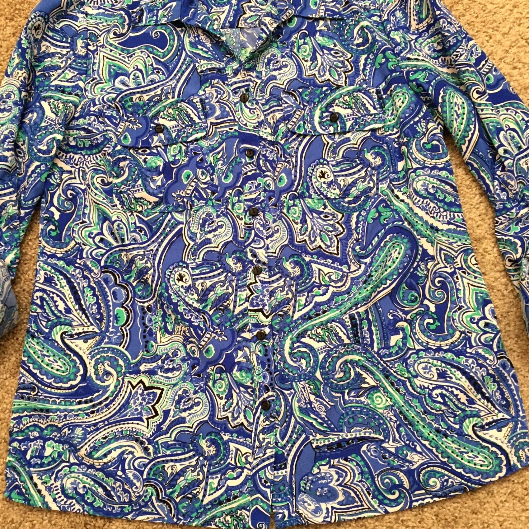Vintage Notations Shirt Womens Small Blue Paisley Roll Tab Long Sleeve Button Up Size S / US 4 / IT 40 - 4 Thumbnail