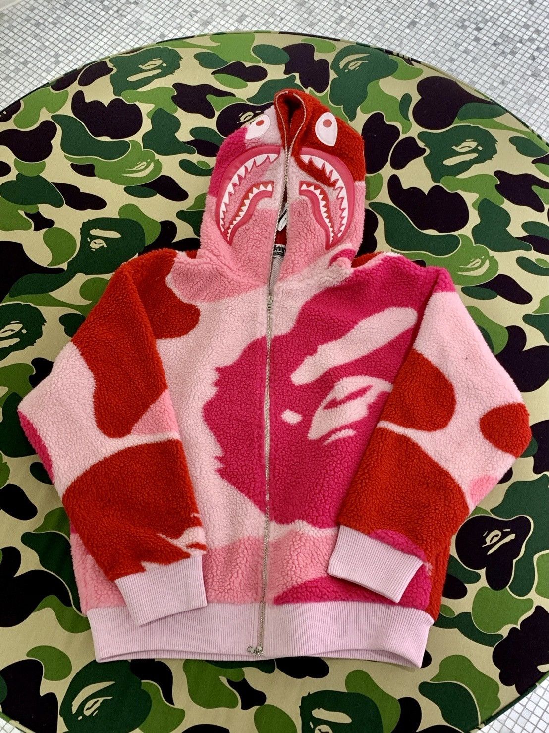image of Bape Mega Abc Camo Shark Boa Hoodie Jacket in Pink, Men's (Size Medium)