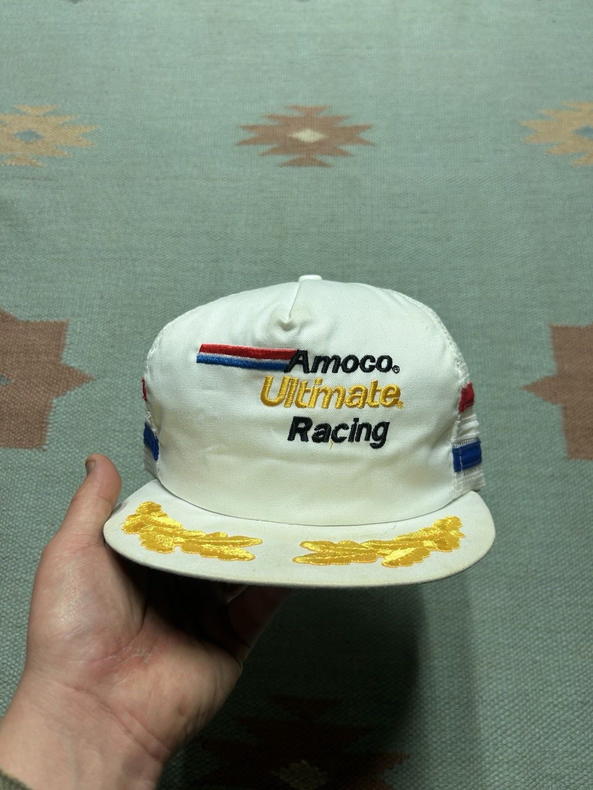 Vintage 80s trucker hat Amoco racing 3 three stripe red white blue Size ONE SIZE - 2 Thumbnail