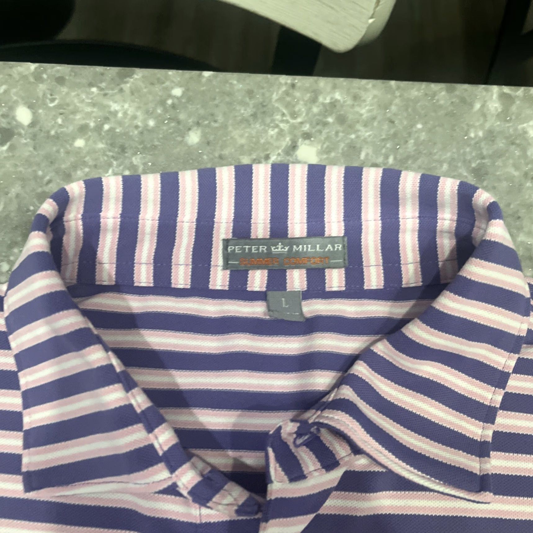 Peter Millar Peter Millar Summer Comfort Polo Shirt Mens L Purple Pink Stripe Short Sleeve Striped Polyester Blend Stretch Casual Travel Activewear Size US L / EU 52-54 / 3 - 3 Thumbnail