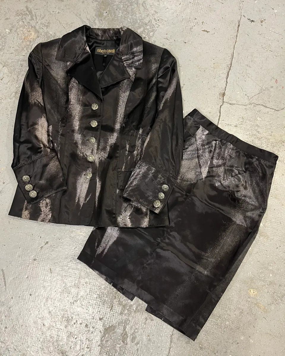 Roberto Cavalli Roberto Cavalli Silver Paint Black Suit & Skirt Set Size M / US 6-8 / IT 42-44 - 2 Thumbnail