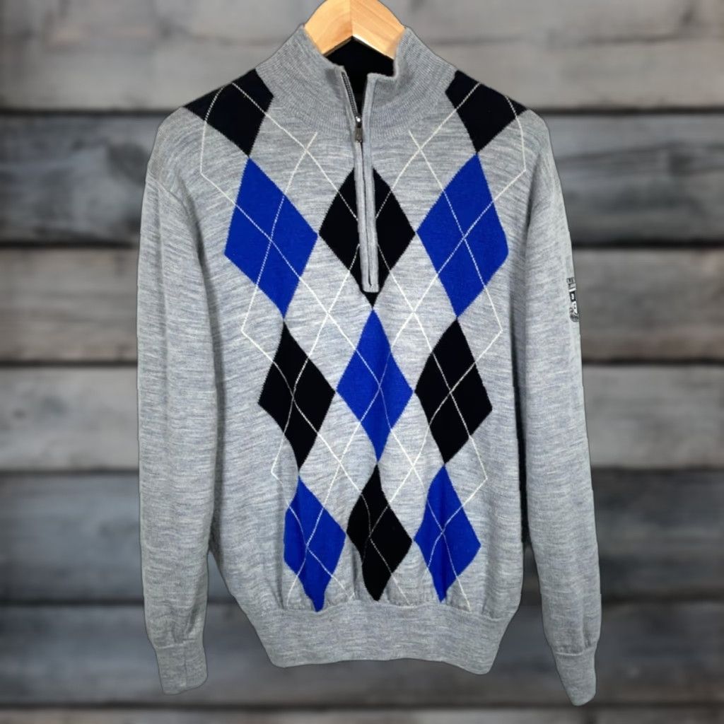 Footjoy FootJoy Wool Sweater FootJoy 1/4-Zip Lined Wool Gray Argyle Pattern Men's Large Pullover Knit Mock Neck 1/4 Zip Fall Winter Spring Casual Preppy Style Size US L / EU 52-54 / 3 - 1 Thumbnail
