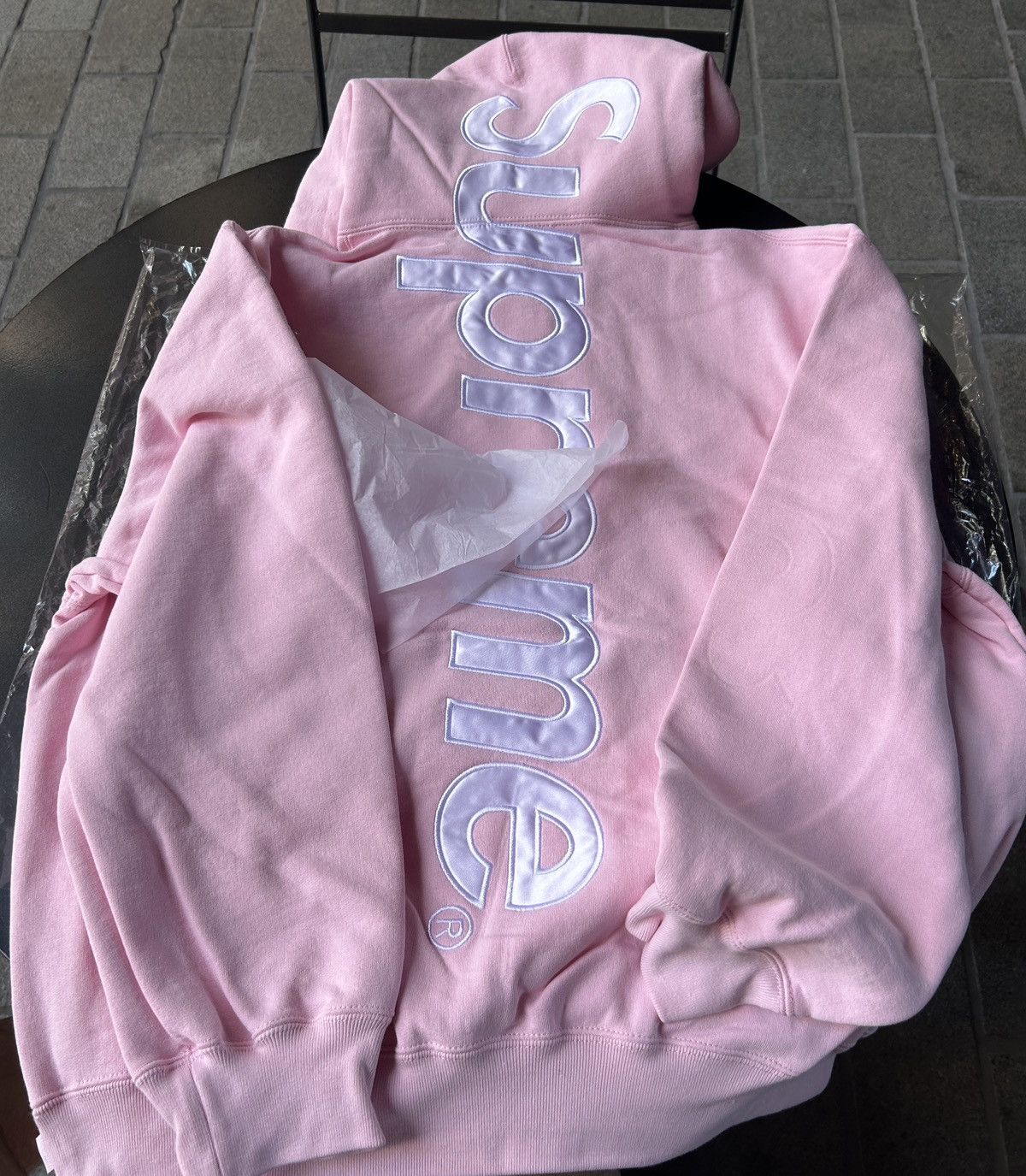 Supreme Supreme pink satin appliqué logo sweatshirt hoodie | Grailed