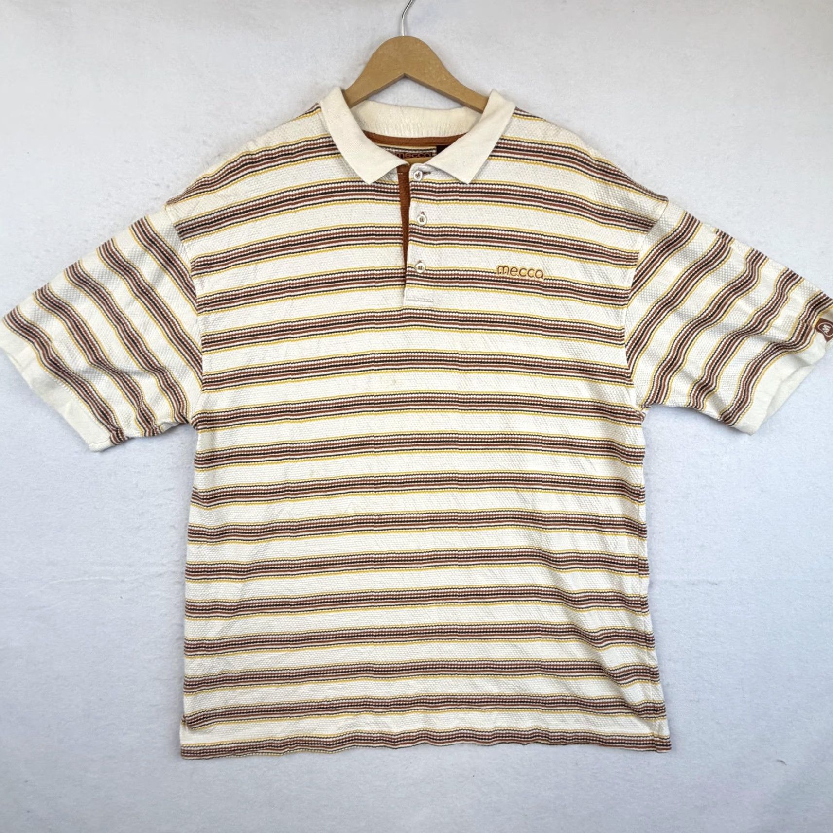 Vintage Mecca Polo Shirt Mens 2XL White Striped Pique Embroidered Logo Shirt Mens 2XL White Brown Yellow Polo Size US XXL / EU 58 / 5 - 3 Thumbnail