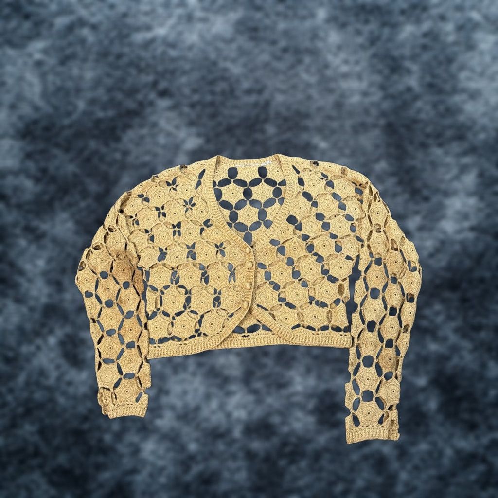Vintage VINTAGE Cardigan Womens Large L Open-Knit Bohemian Gold Sparkle 90s Boho Womens Cardigan L Gold Sparkle V-Neck Cropped Open Knit Size L / US 10 / IT 46 - 1 Thumbnail