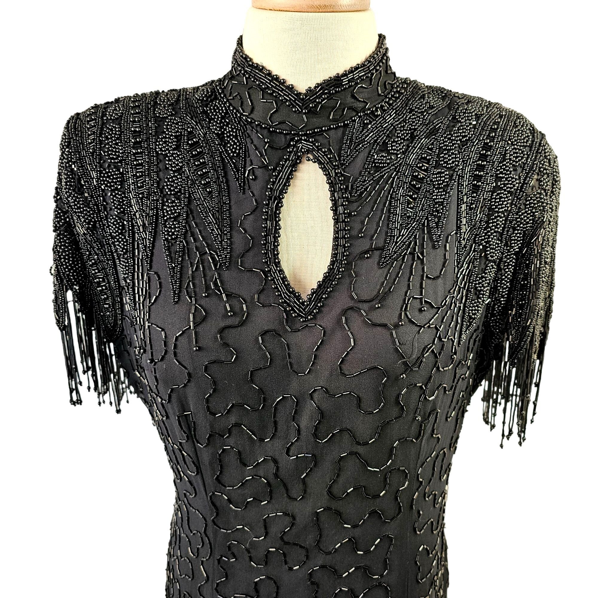 image of Envelope1976 Jet Beaded Black Silk Casino Dress Asymmetric Hem, Women's (Size Medium)