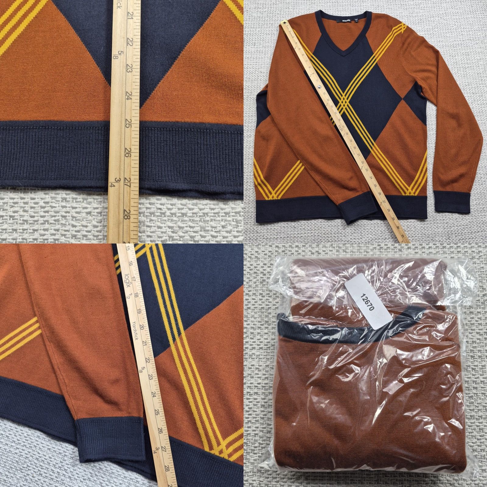 Murano Murano Mens Large Pullover Sweater V-Neck Argyle/Diamond Knit Acrylic Brown Navy Multicolor 90s Retro Size US L / EU 52-54 / 3 - 9 Thumbnail