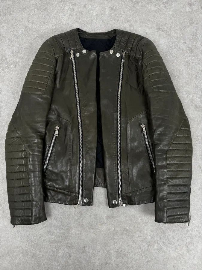 Balmain 2000s Balmain Khaki Quilted Biker Leather Jacket Size US M / EU 48-50 / 2 - 2 Thumbnail