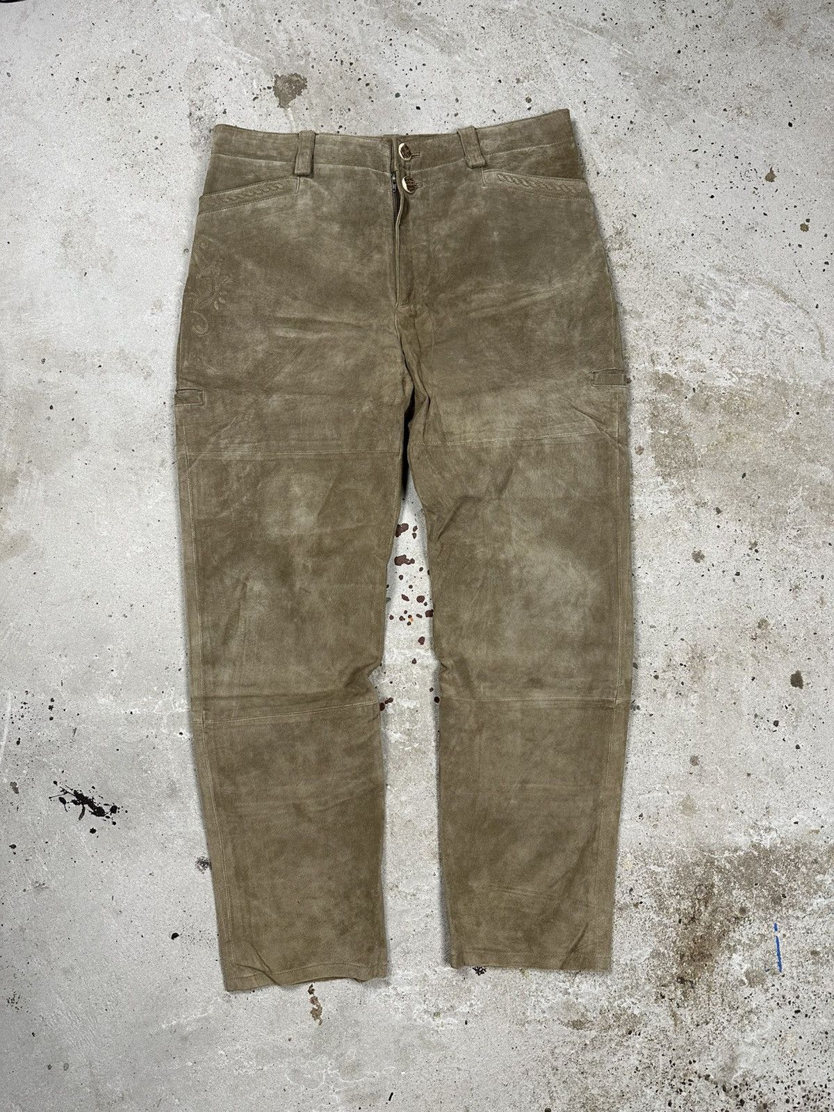 Genuine Leather × Vintage Vintage 90s Beige Suede Leather Cargo Pants Size US 36 / EU 52 - 1 Thumbnail