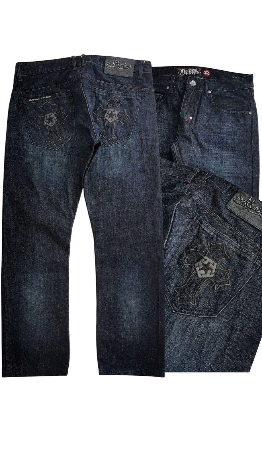 Tribal Streetwear Vintage Tribal Cross Embroidery Dark Blue Denim Jeans Size US 33 - 2 Thumbnail