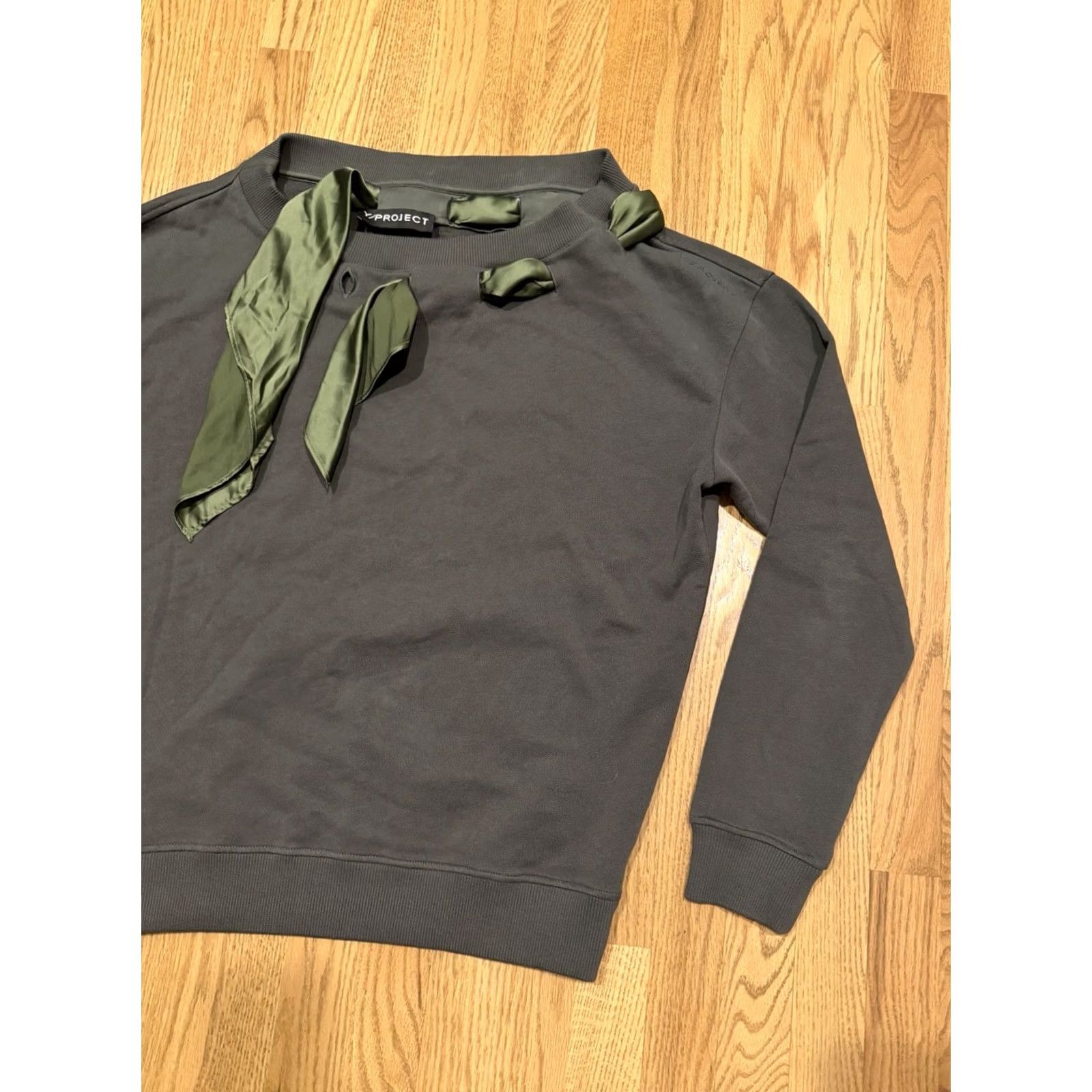 Vintage VINTAGE Y Project Sweatshirt Womens XS Green Ribbon Trimmed Crew Neck Pullover Cotton Terry Designer Luxe Fashion Size XS / US 0-2 / IT 36-38 - 4 Thumbnail