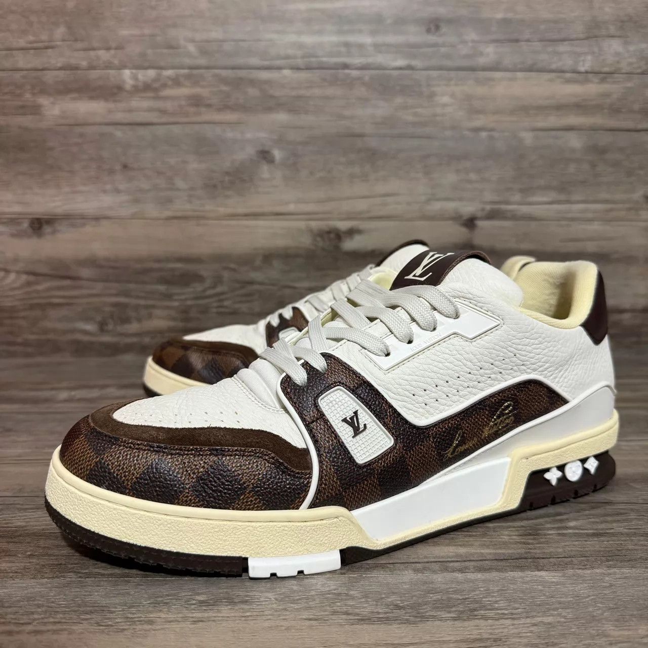 Louis Vuitton LV Trainer White Brown Black Checker Mocha Uk9/43 Size US 10 / EU 43 - 1 Thumbnail