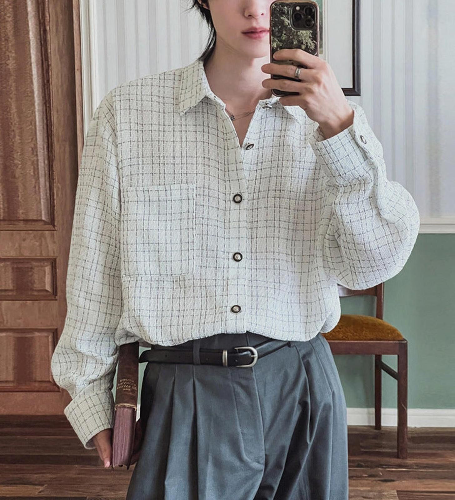 Vintage White Checked Oversized Button-Up Shirt, Casual Mens Shirt Size US M / EU 48-50 / 2 - 2 Thumbnail