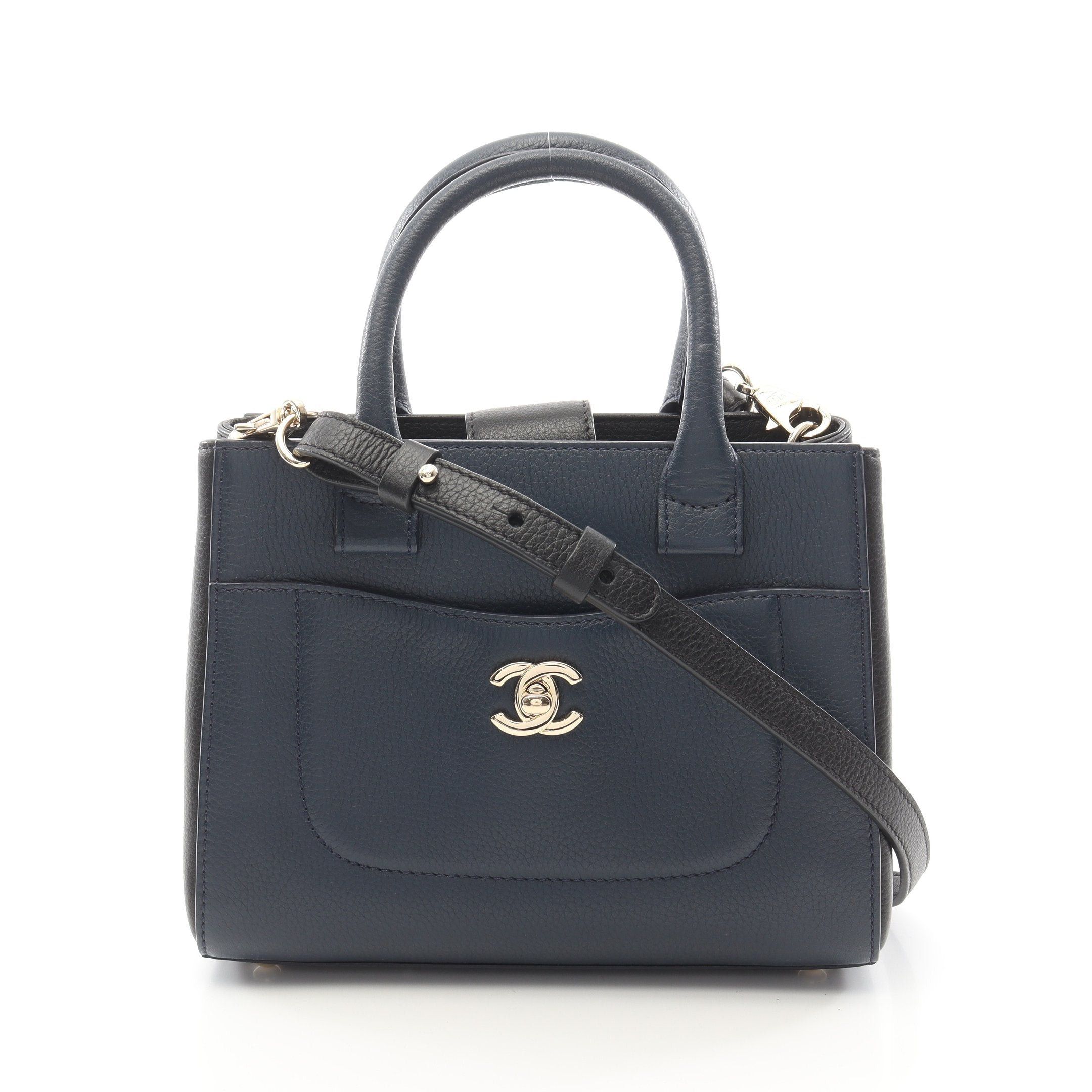Chanel Shoulder Bag Neo Executive Tote Small Handbag Leather Navy Dark Blue Gold Hardware in Black, Women's