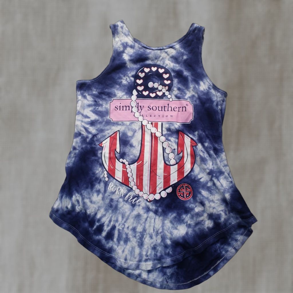 Born VINTAGE Simply Southern Tank Top Tie Dye Anchor Blue Red White Adult Women S Sleeveless Shirt 90s Size S / US 4 / IT 40 - 1 Thumbnail