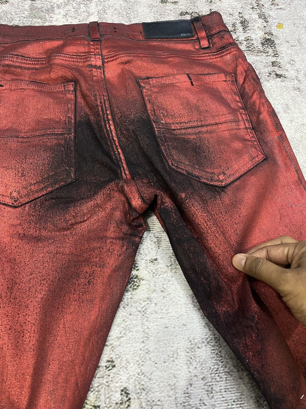Amiri Amiri Knee Hole Red Waxed Denim Jeans Size US 31 - 11 Thumbnail