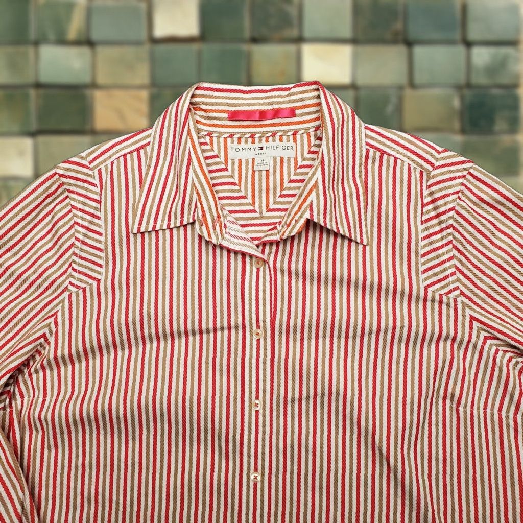 Tommy Hilfiger VINTAGE Tommy Hilfiger Shirt Womens 18 Red Striped Long Sleeve Button Top Size XXL / US 16-18 / IT 52-54 - 1 Thumbnail