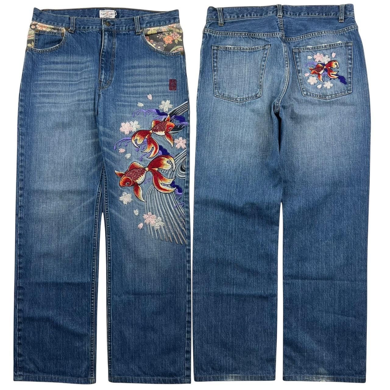 Karakuri Tamashii Vintage Karakuri Embroidered Koi Japanese Jeans - Waist 35 Size US 35 - 1 Thumbnail