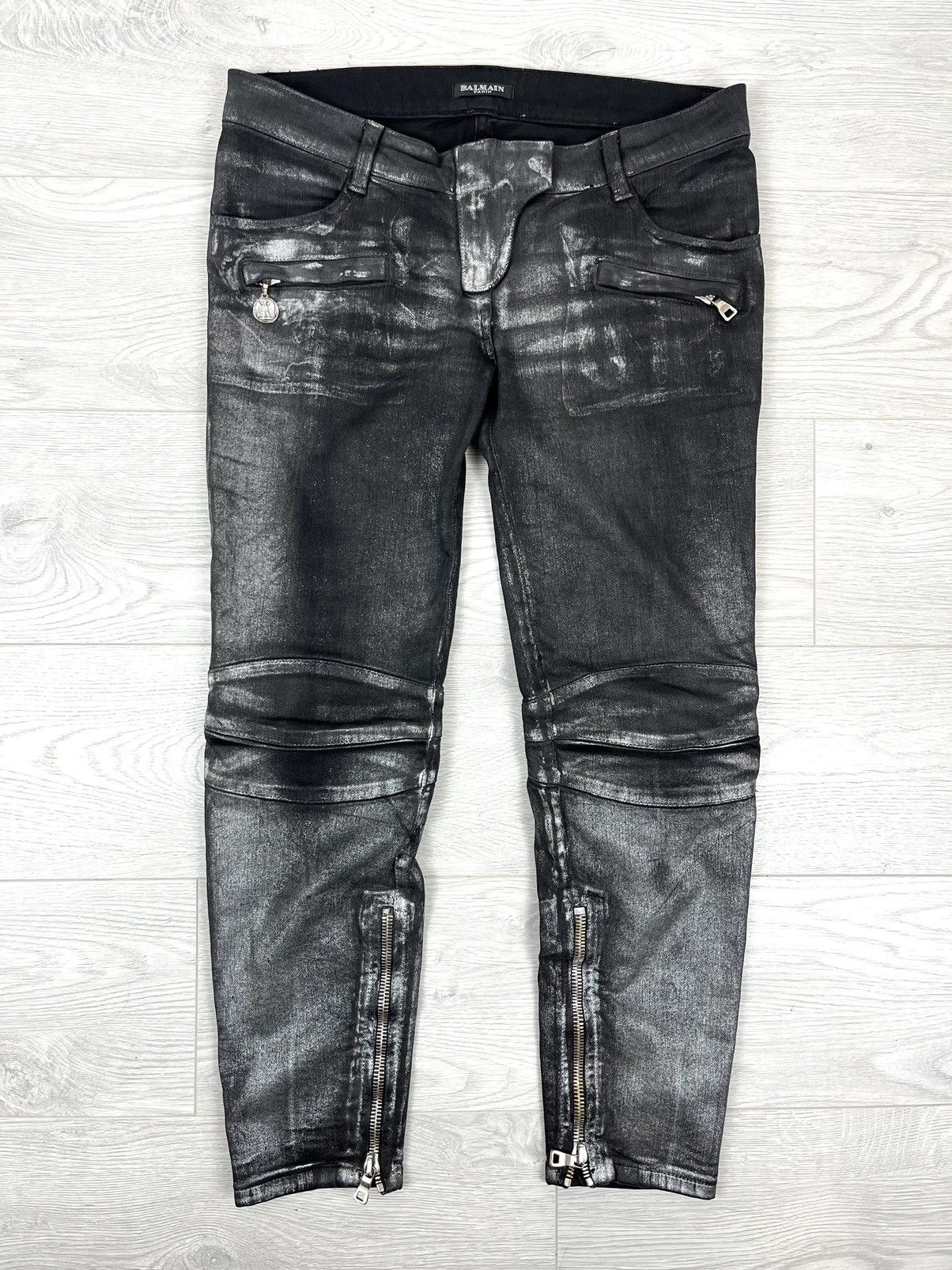 image of Balmain Waxed Skinny Biker Denim Pants in Black, Men's (Size 31)