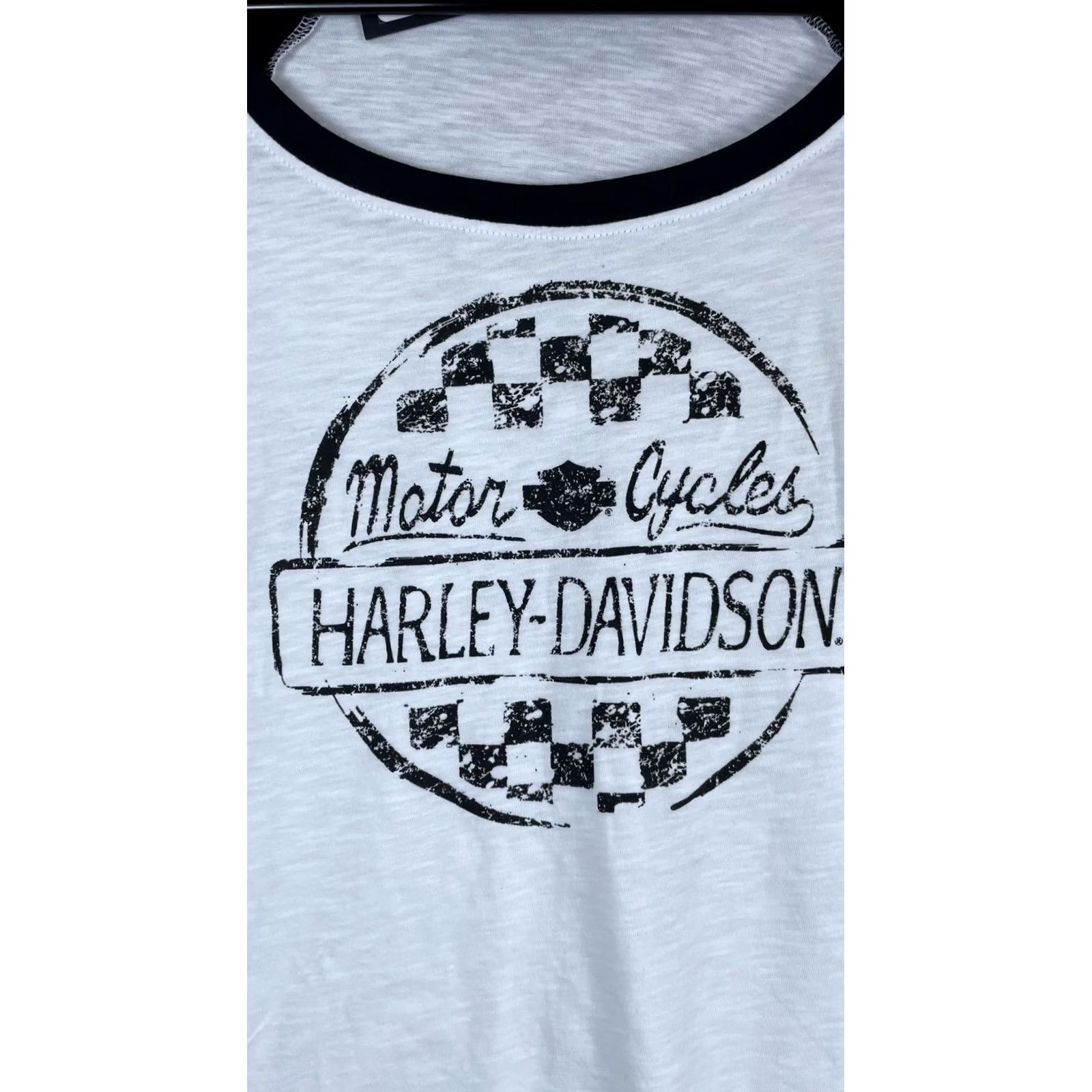 Harley Davidson VINTAGE Harley-Davidson Shirt Womens Medium White Raglan Checkered Graphic Tee Racing Size M / US 6-8 / IT 42-44 - 2 Thumbnail