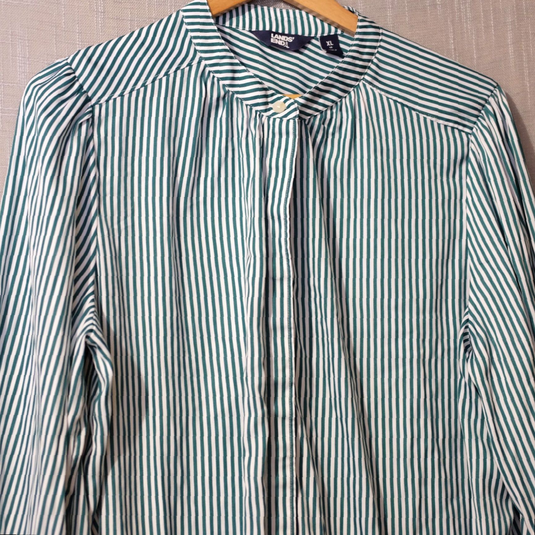 Lands' End Lands' End Shirt Green/White Stripe Mock Neck Button Up Womens XL Size XL / US 12-14 / IT 48-50 - 2 Thumbnail