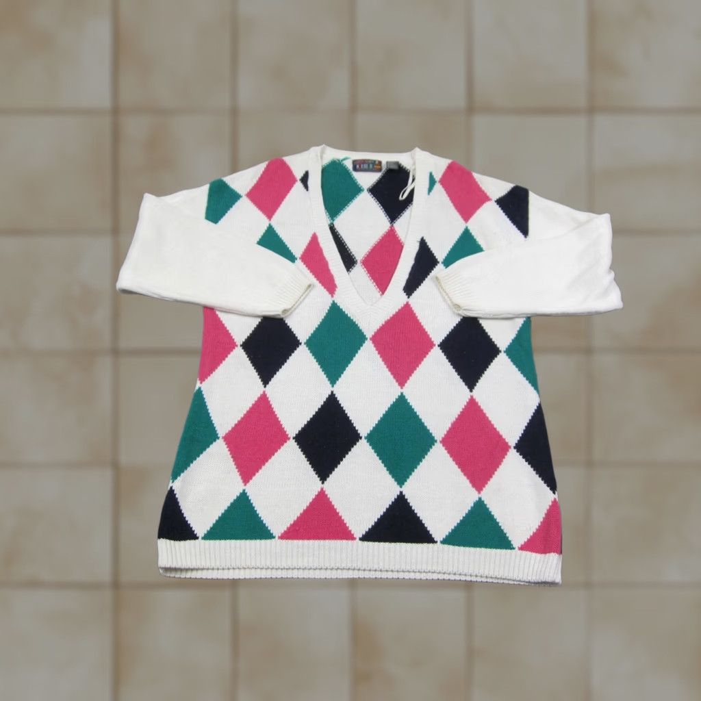 Vintage VINTAGE Paris Sport Club Sweater Womens L White Pink Argyle V-Neck 80s 90s Size L / US 10 / IT 46 - 1 Thumbnail
